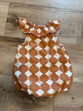 Rylee + Cru Rust Orange and Cream Diamond Romper with Ruffled Collar